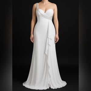 NWT Hebeos One Shoulder Embellished White Formal Wedding Gown Dress Chiffon 10